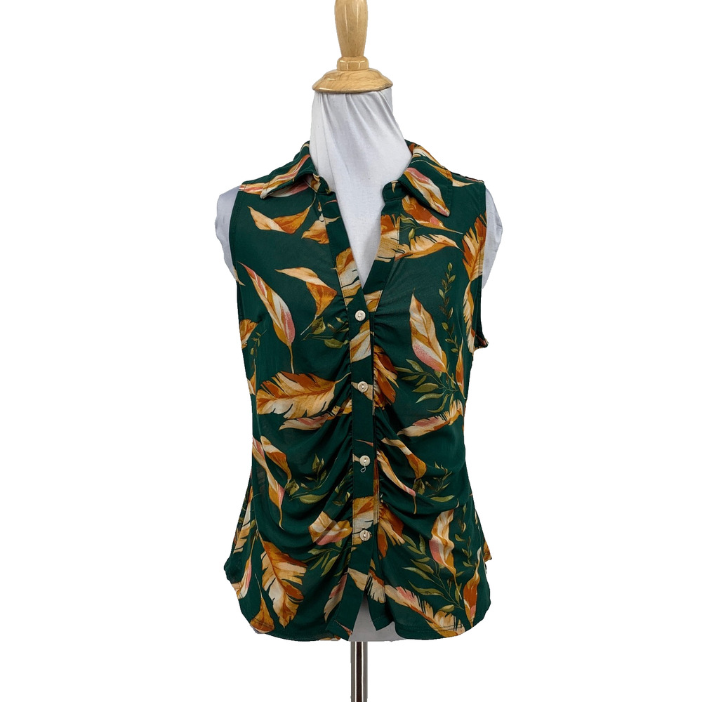 Happy Hour Blouse Womens L Large Hunter Green Button Up Feather Motif Scrunched